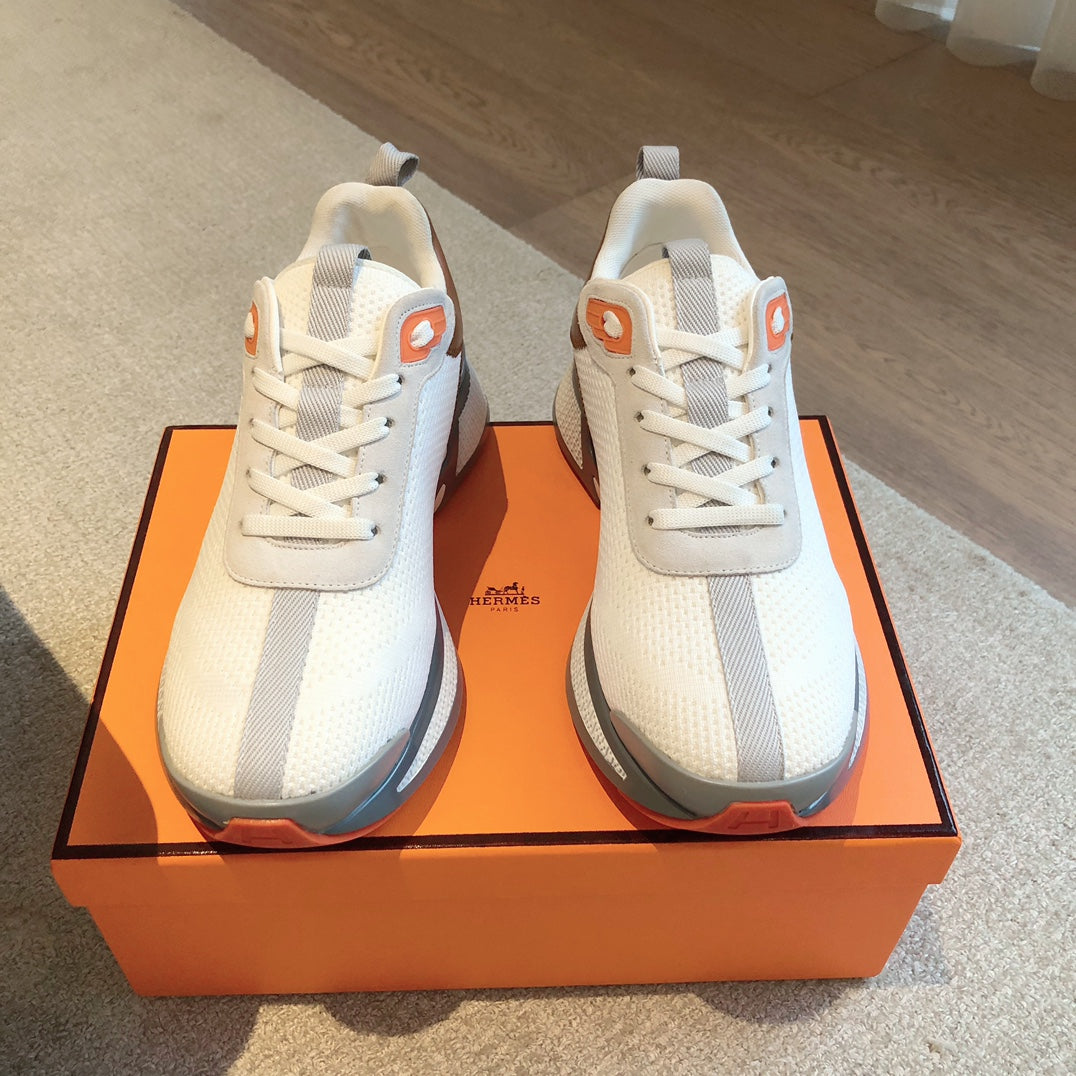 HEROS SNEAKER IN WHITE BREATHABLE MESH FABRIC AND BROWN CALFSKIN、mysite、Cacoeks