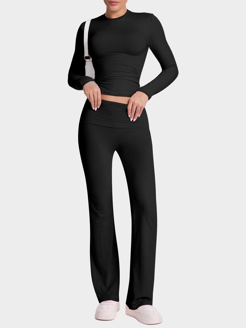 Women's two counts casual slim suit, including waist bell-bottoms and long-sleeved tops, is soft and can be worn outside, and Y2K style is matched with casual fashion.