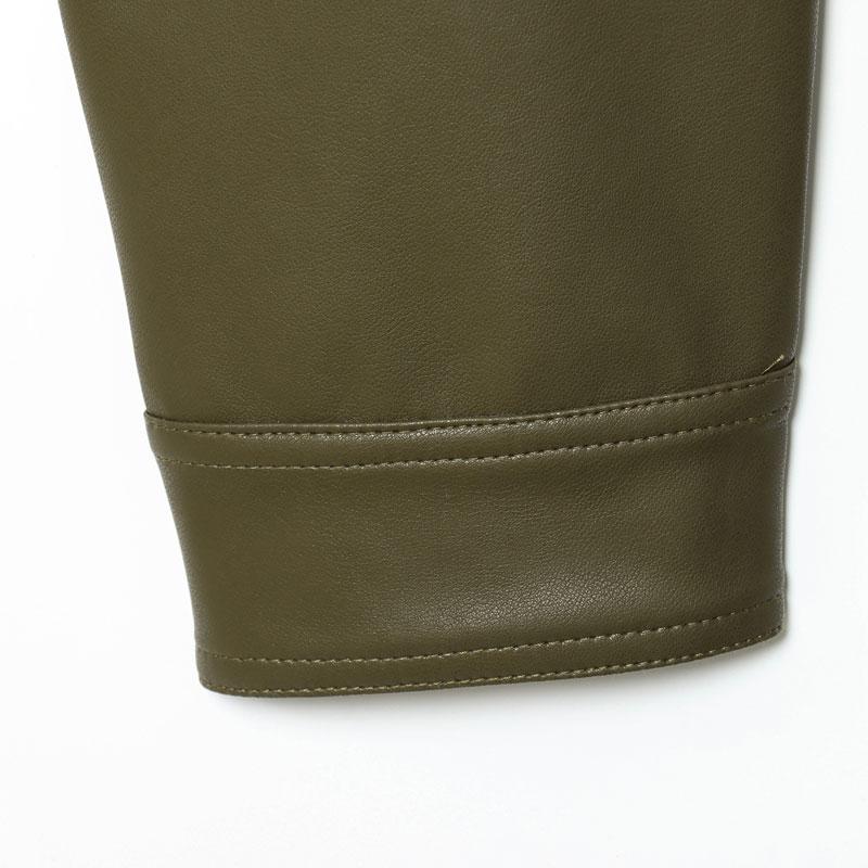 Women's Olive Green Faux Leather Bomber Moto Jacket with Stand Collar and Flap Pockets, Short Layered Streetwear Outerwear