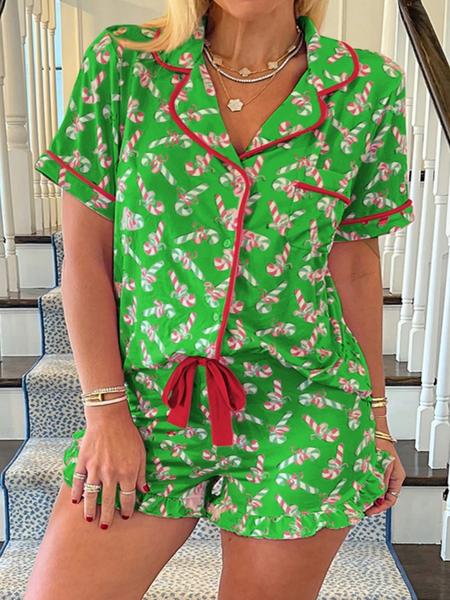 2 pieces of ladies' Christmas cane candy printed short sleeved shorts sleepwear set with buttons, collars, bows, suitable for comfortable and casual home wear in all seasons