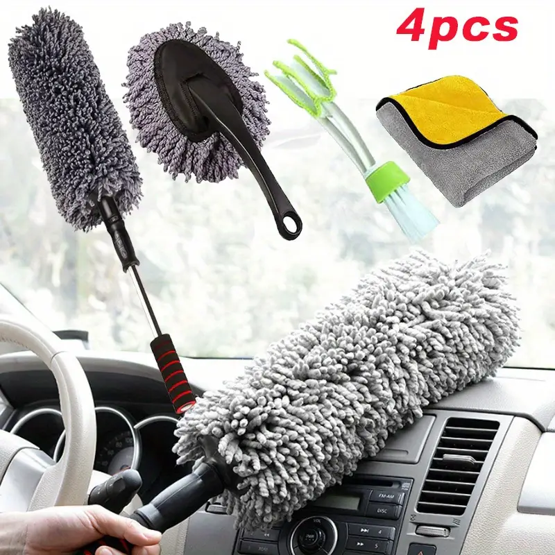 4 piece car dust collector kit best ultra multi purpose dust collector internal and external cleaning tools dashboard detail brush pollen removal extendable handle suv rv details 0