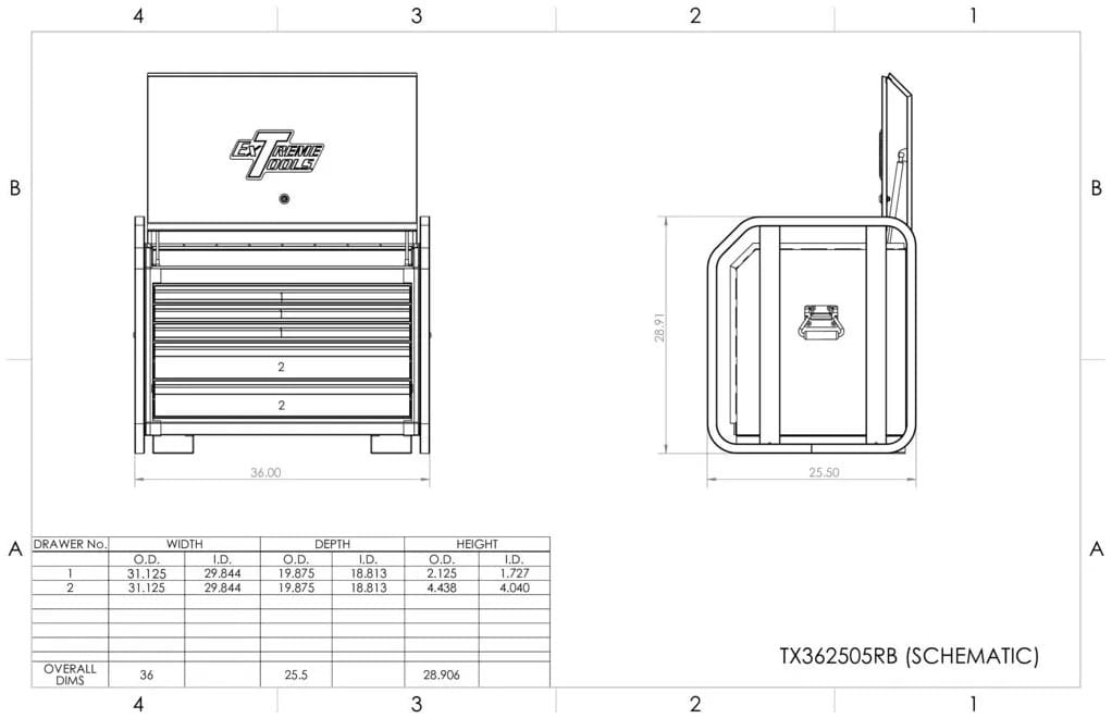 Schematic Drawing Of Extreme Tools 36 Road Box Showing Front And Side Views Along With A Table And Overall Dimensions Of The Toolbox