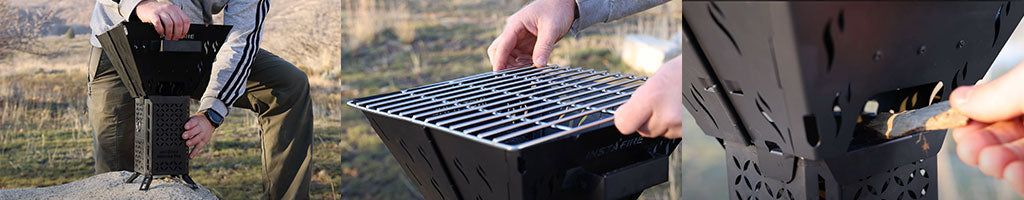 A person assembling the Chimney Grill and putting it on top of the Inferno Pro stove.