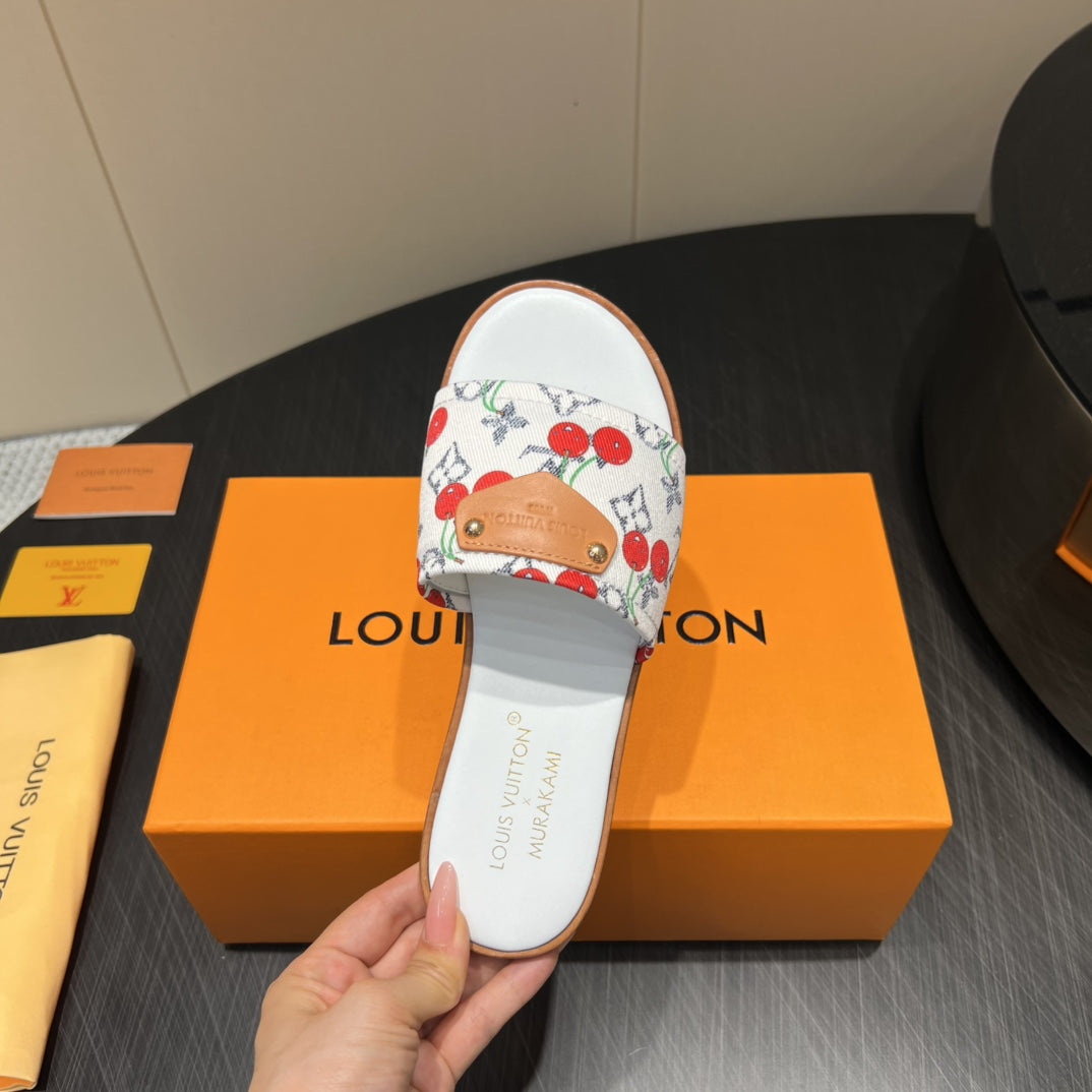 LV SLIDE SANDALS 25S IN WHITE DENIM AND CALFSKIN WITH LOGO PRINT、mysite、Cacoeks