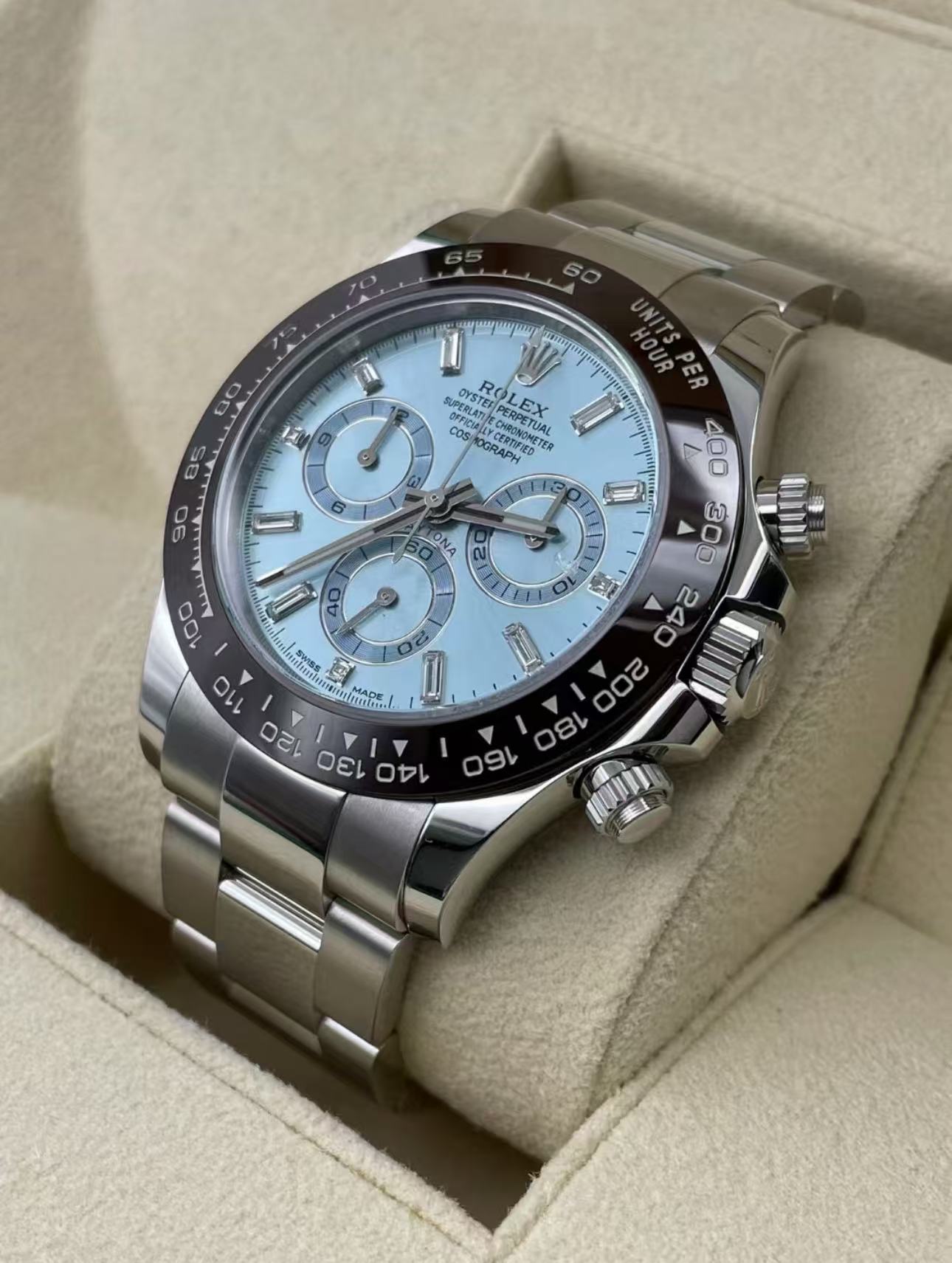 Rolex Daytona lce BlueDial with Baguette Diamonds Super CloneSwiss Replica Watch Ref116506 4130 Swiss Movement