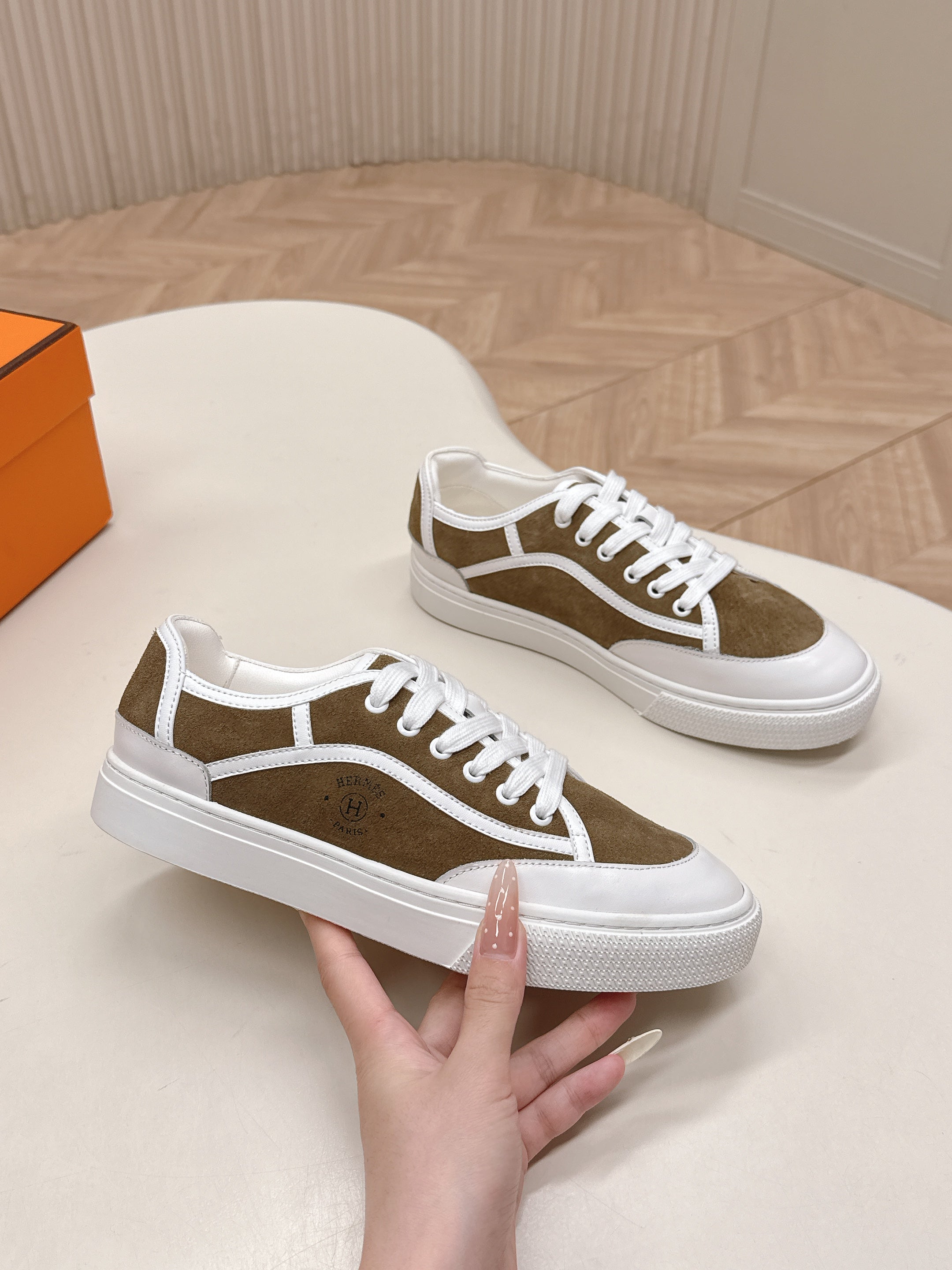 HM 25S SNEAKER LOW SPORTS IN BROWN SUEDE MIX WHITE LAMBSKIN、mysite、Cacoeks