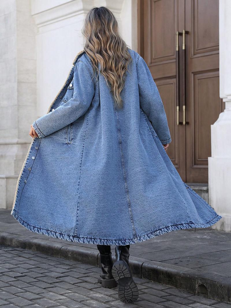 Women's Long Denim Jacket With Fleece Lining, Elegant Single-Breasted Design, Perfect For Winter