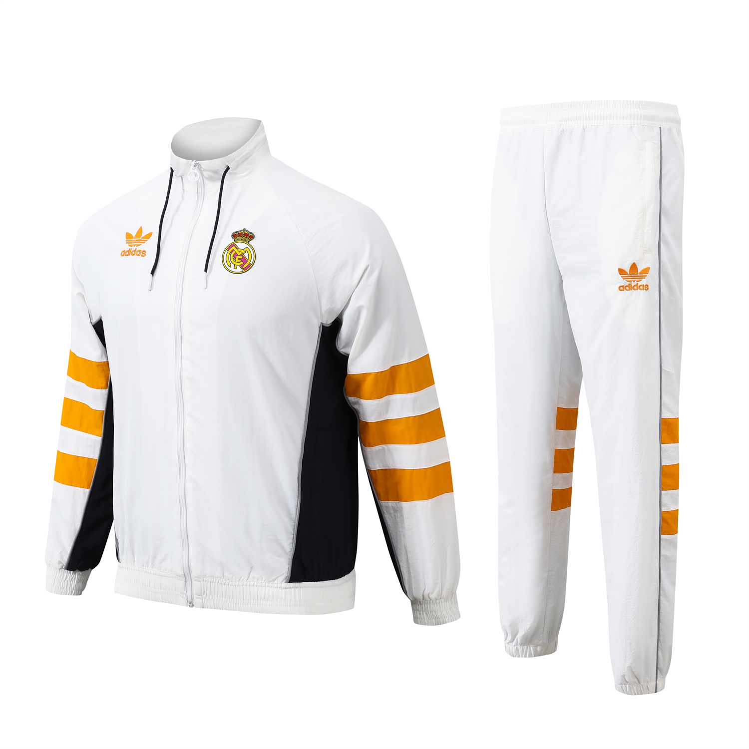 JerseysGala.com | Real Madrid 24-25 Retro Style Player Windbreaker Jacket Suit - White & Orange -Customize Name, Number and Patch | Worldwide Shipping