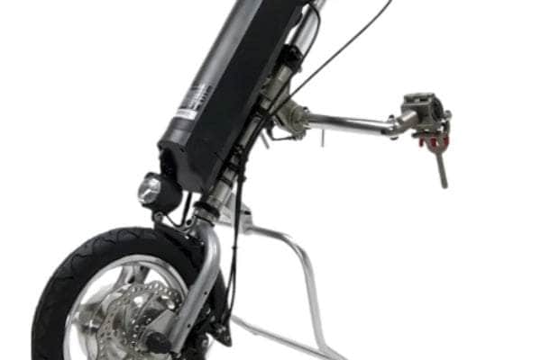 Quick-release model of electric wheelchair motor attachment, providing easy installation and universal fit.
