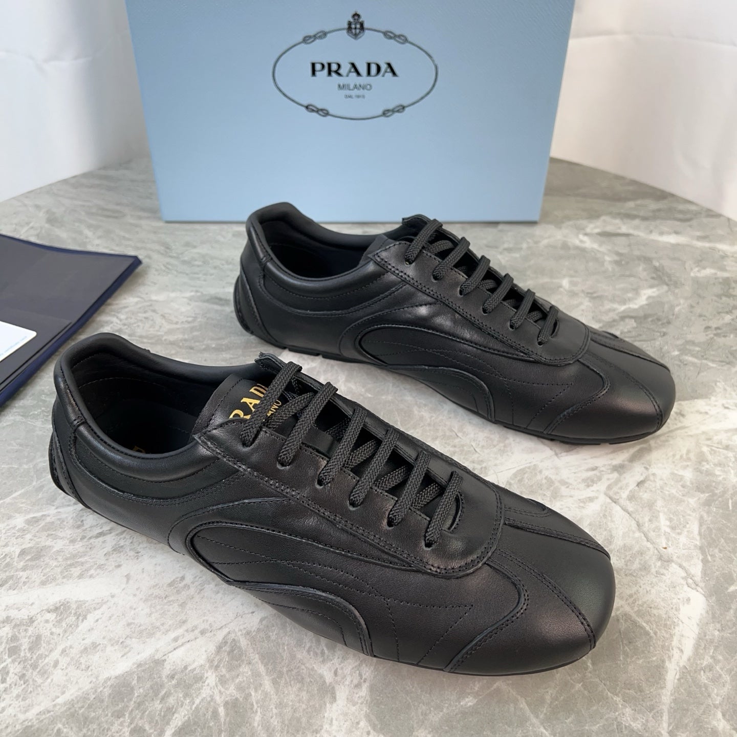 PRADA 25S MONTECARLO ANTIQUED SNEAKERS IN BLACK NAPPA LEATHER、mysite、Cacoeks