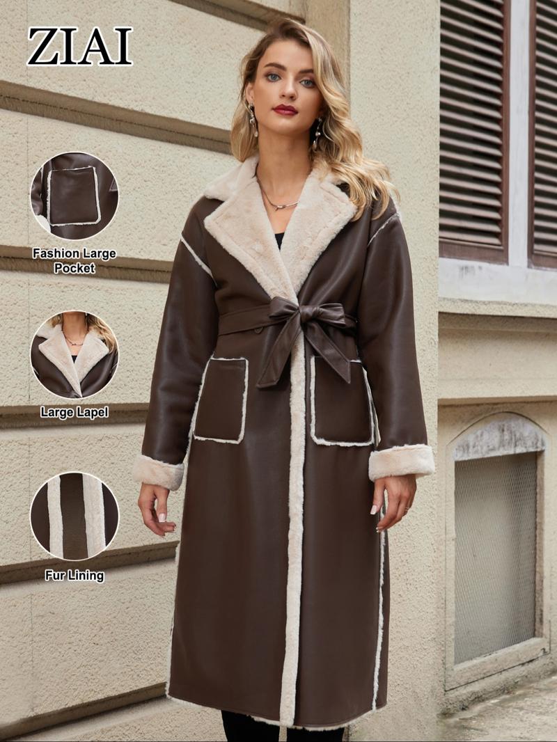 Women's Fall & Winter PU Leather Fur Coat, Thickened Fleece Lined Jacket, Waist Cinching Slimming Warm Outerwear