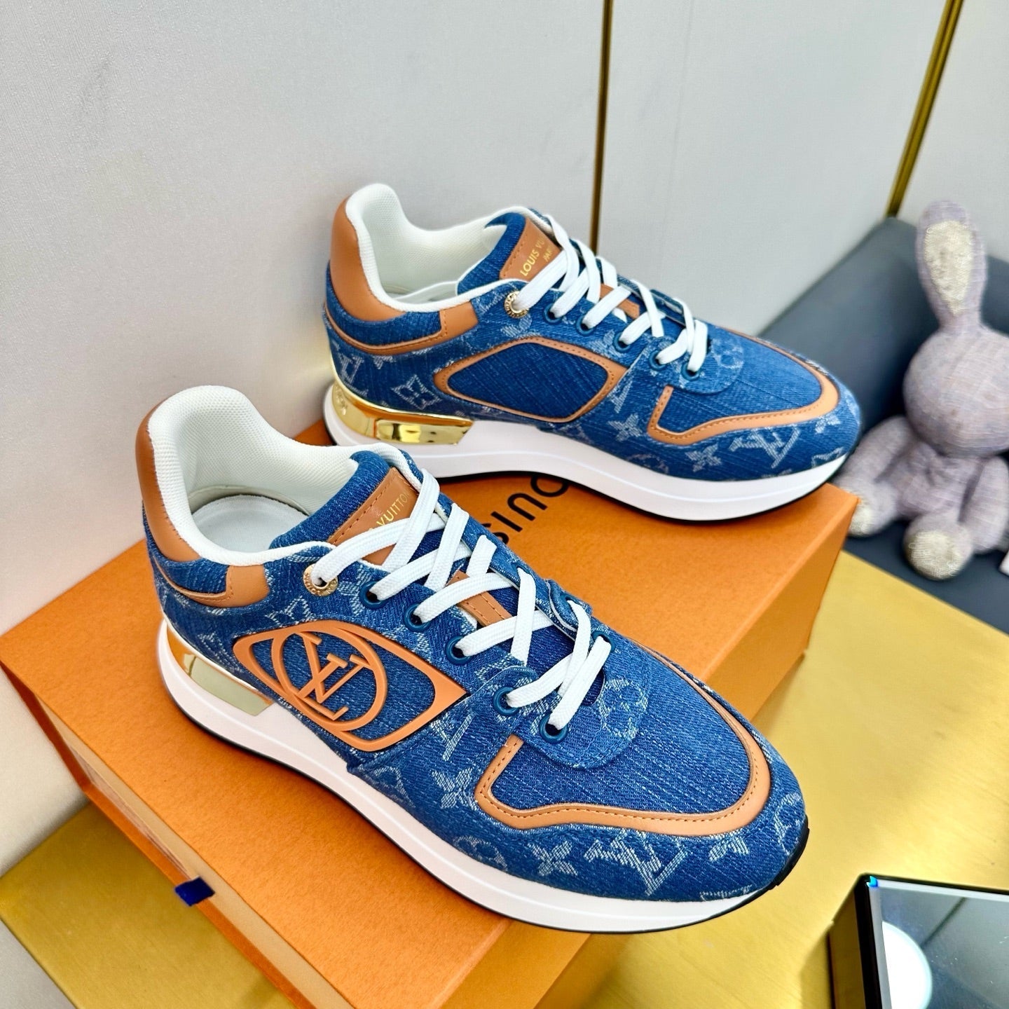 NEO RUN AWAY SNEAKER IN CLASSIC BLUE MONOGRAM DENIM AND ORANGE CALFSKIN、mysite、Cacoeks
