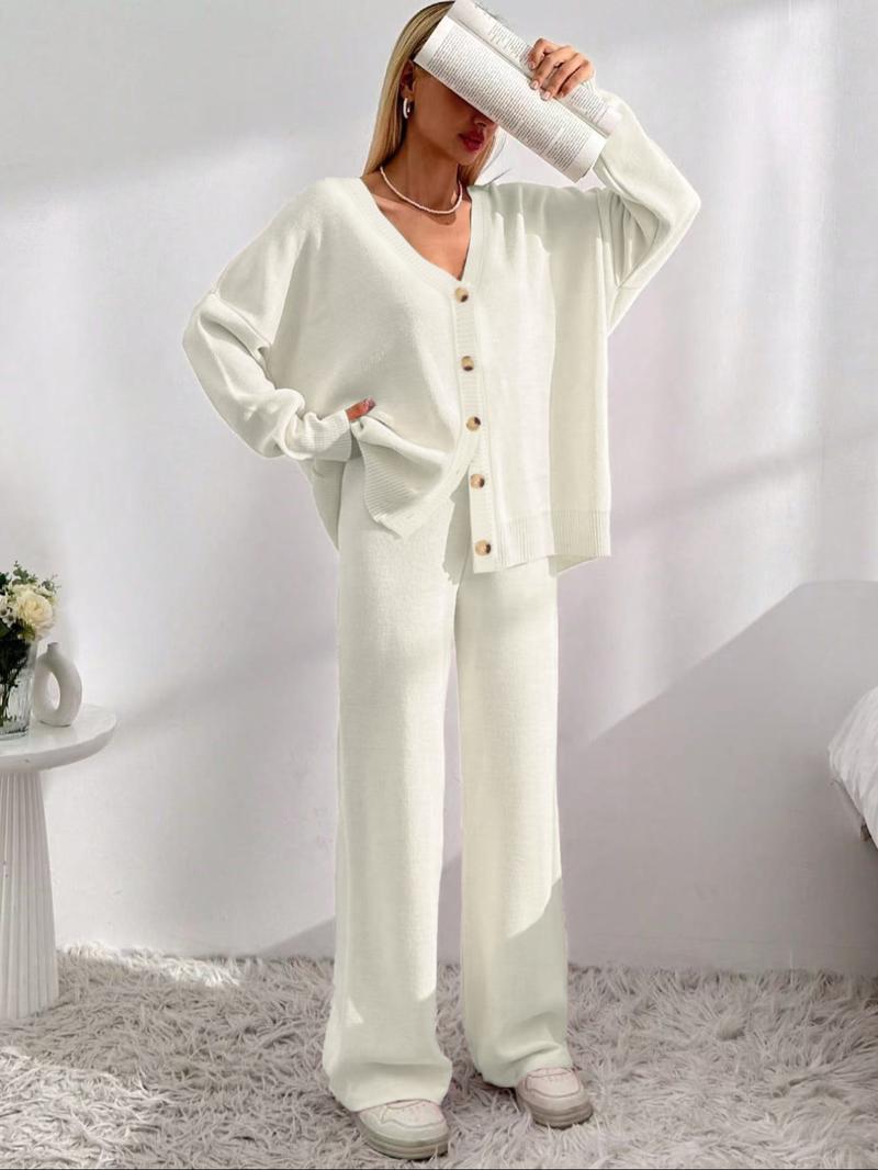 Women's Solid Button Front Drop Shoulder V Neck Cardigan & Elastic Waist Wide Leg Pants Two-piece Set, Casual Fashion Cozy Knitwear Set for Daily Outdoor Wear, Women's Knitwear for Fall & Winter