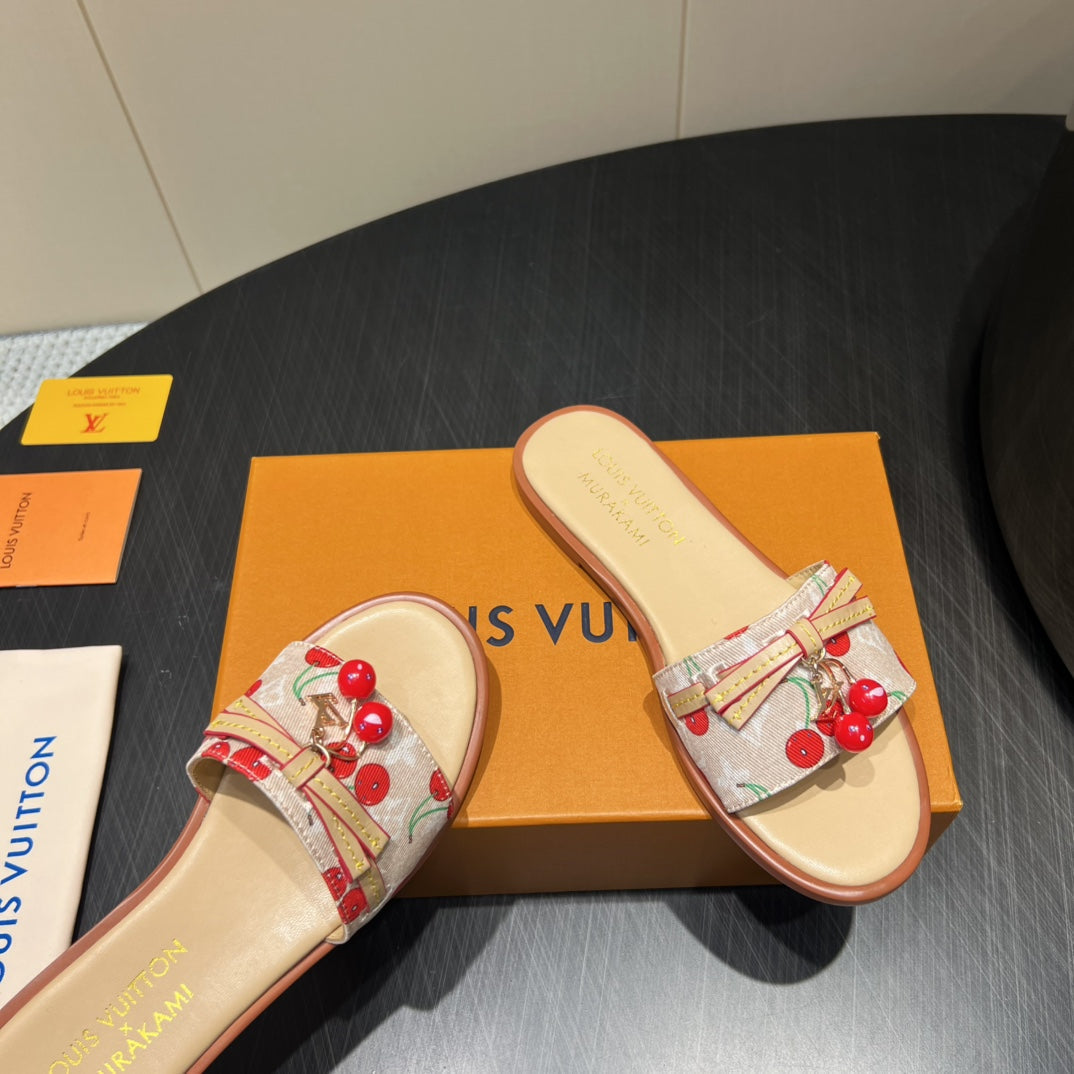 LV SLIDE SANDALS 25S IN BEIGE DENIM AND CALFSKIN WITH CHERRY BLOSSOM BUCKLE、mysite、Cacoeks