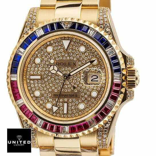 Rolex GMT Master II 116758 SARU Yellow Gold Diamonds Dial Iced Out Replica