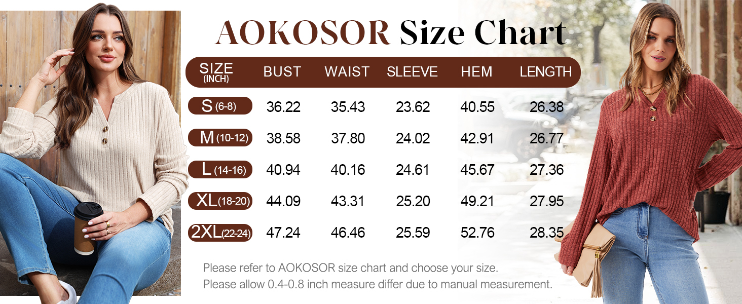 Text reads 'AOKOSOSI Size Chart' followed by detailed measurement table showing bust, waist, hip, and length measurements across different sizes. Product sizing information displayed in grid format.