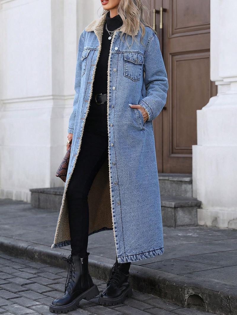 Women's Long Denim Jacket With Fleece Lining, Elegant Single-Breasted Design, Perfect For Winter
