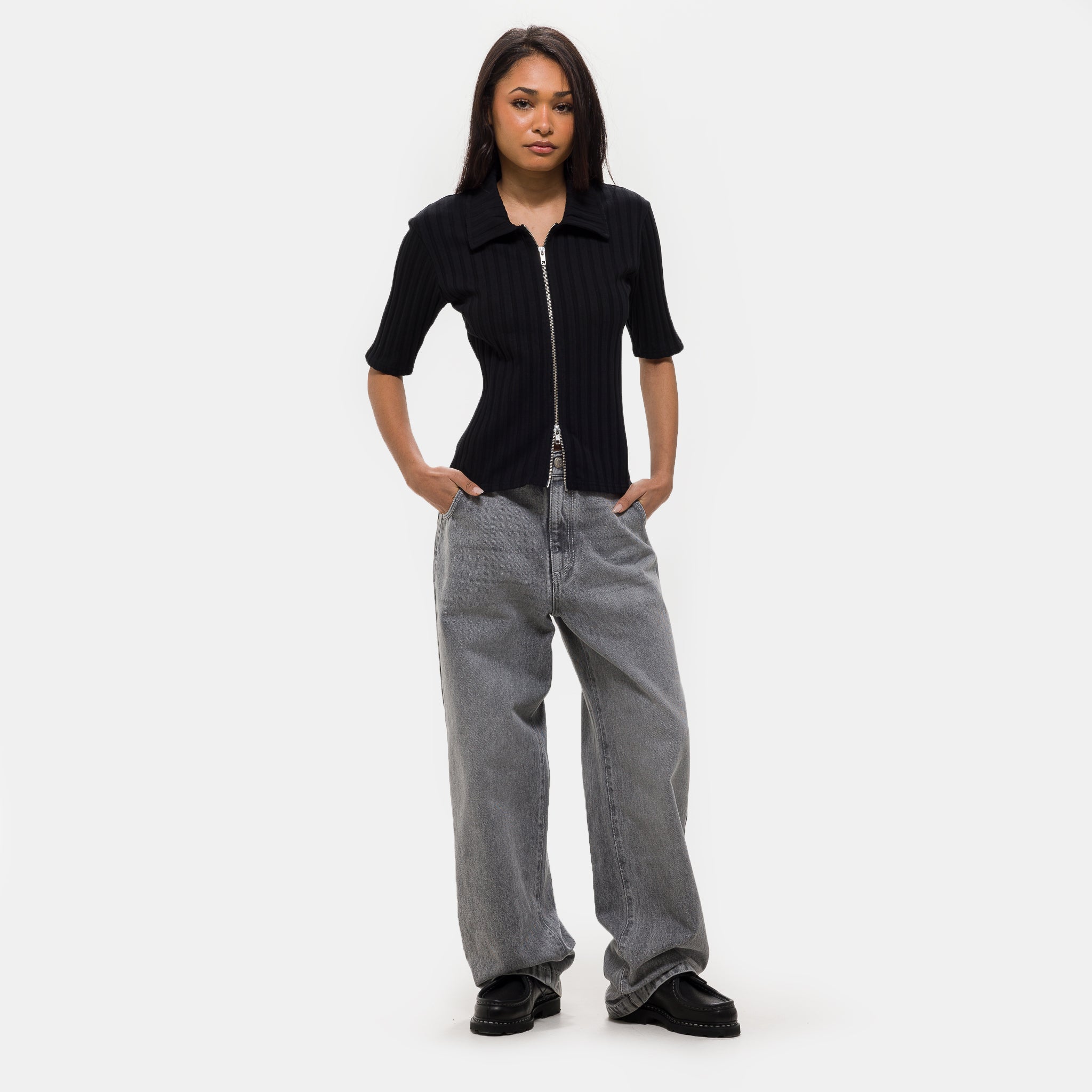 Zip Up Polo in Black Rib