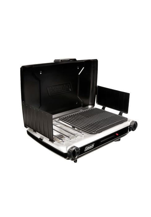coleman two in one grill stove portable push button start grease tray BTU wind guard camp tailgate