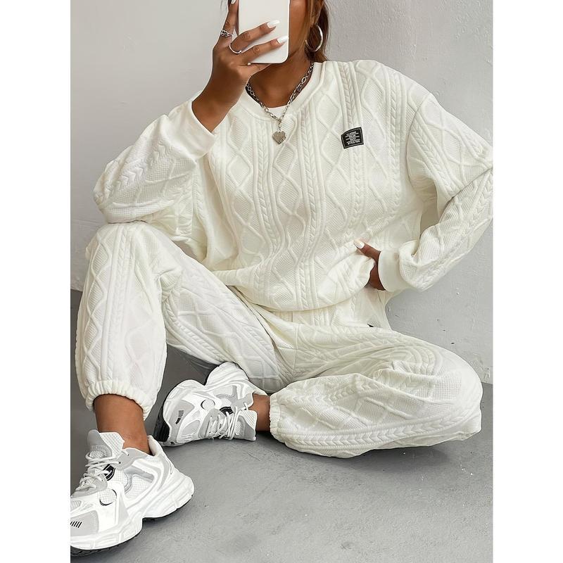 2026Women's Cozy Textured Pants Set - Soft Long Sleeve Crew Neck Sweatshirt, Comfortable Jogger Sweatpants Outfit, Casual Wear Daily Life, Suits Chic Womenswear Clothes Polyester2026