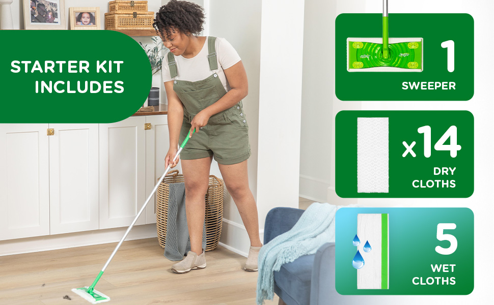 swiffer Sweeper starter kit includes 1 sweeper 14 dry cloths and 5 wet cloths