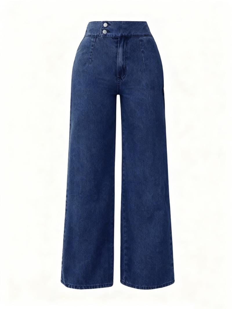 Women's Vintage Elegant High Waist Wide Leg Jeans, Button Front Elastic Waist, Plain Design, Casual Fashion Pants, All Seasons