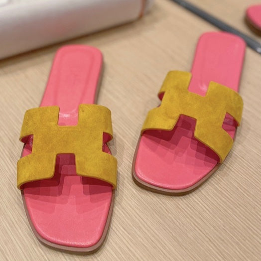 0RAN SANDALS IN DIJON YELLOW SUEDE AND DEEP PINK CALFSKIN、mysite、Cacoeks
