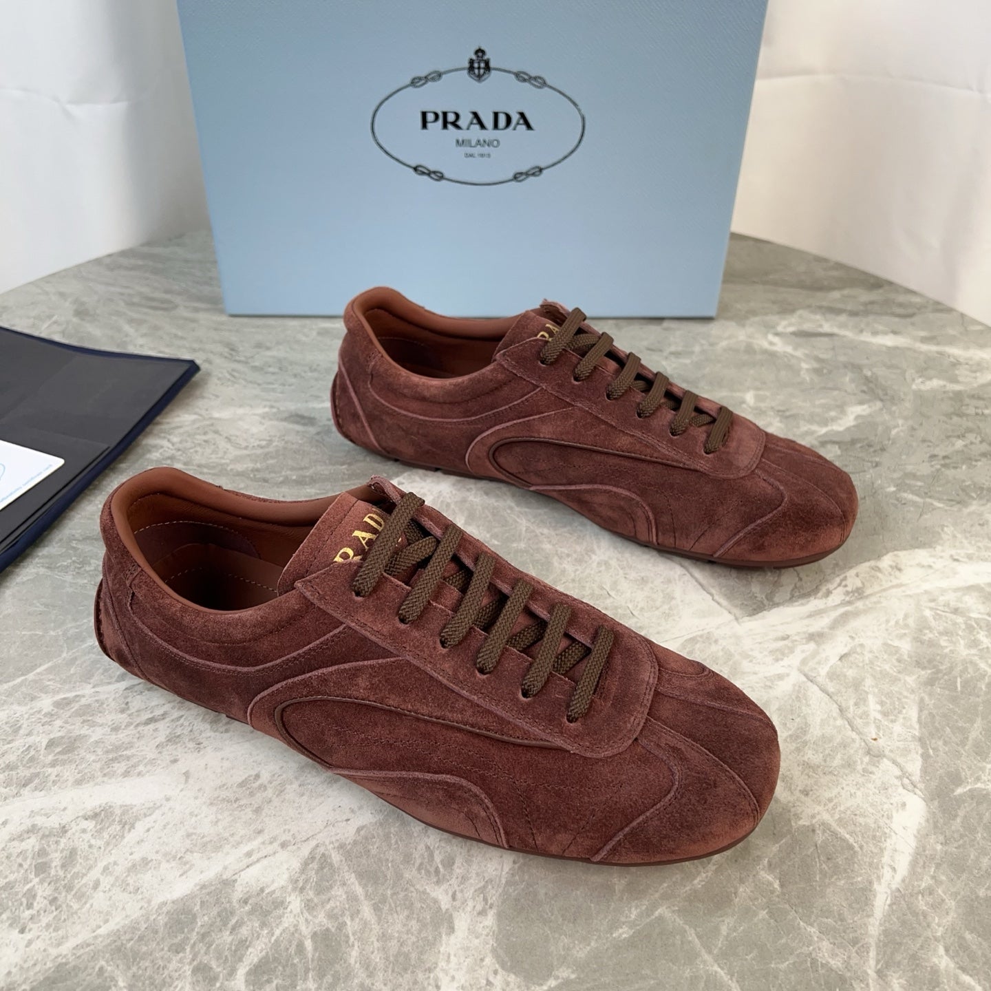 PRADA 25S MONTECARLO ANTIQUED SNEAKERS IN MAHOGANY BROWN SUEDE、mysite、Cacoeks