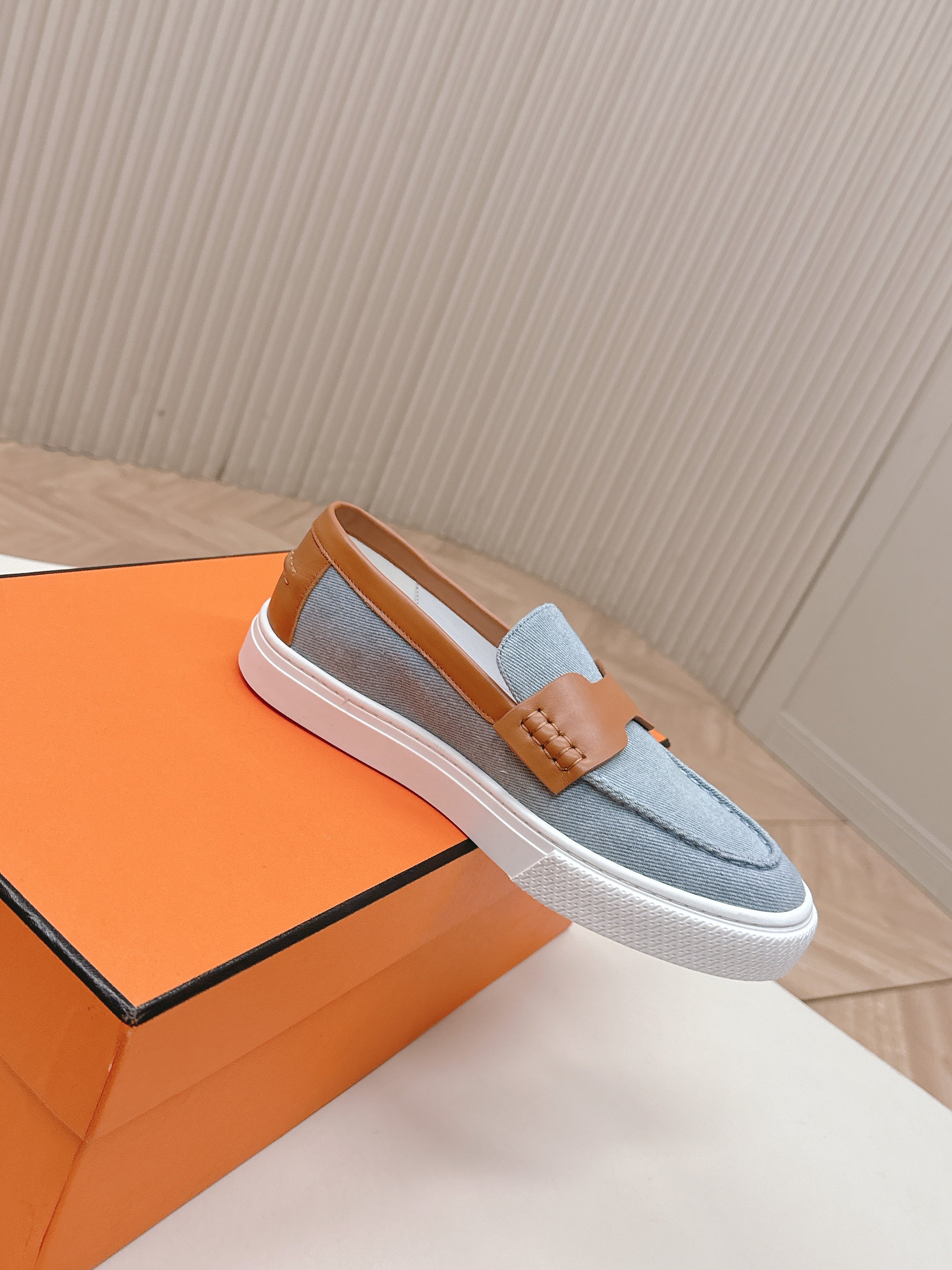 HM 25S SLIP-ON IN BLUE DENIM AND BROWN LAMBSKIN、mysite、Cacoeks