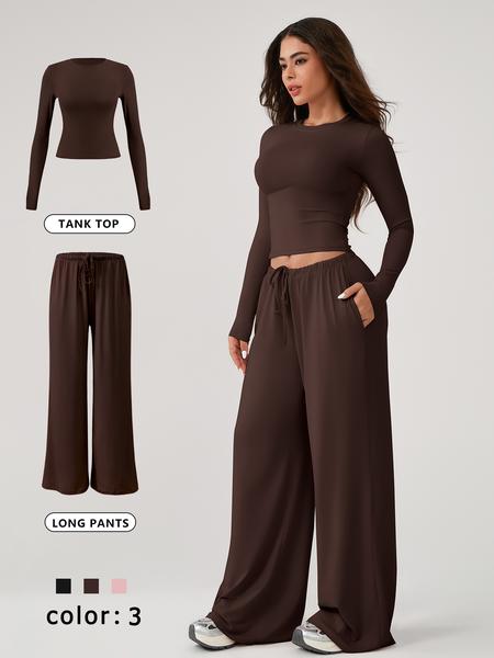 Two Piece Set Women's Home Clothing Set Soft and Skin Friendly Long Sleeved T-shirt Loose and Wide Leg Pants with Adjustable Drawstring Daily Leisure Travel Airport Travel Home Wear Women's Pajamas Set, Womenswear