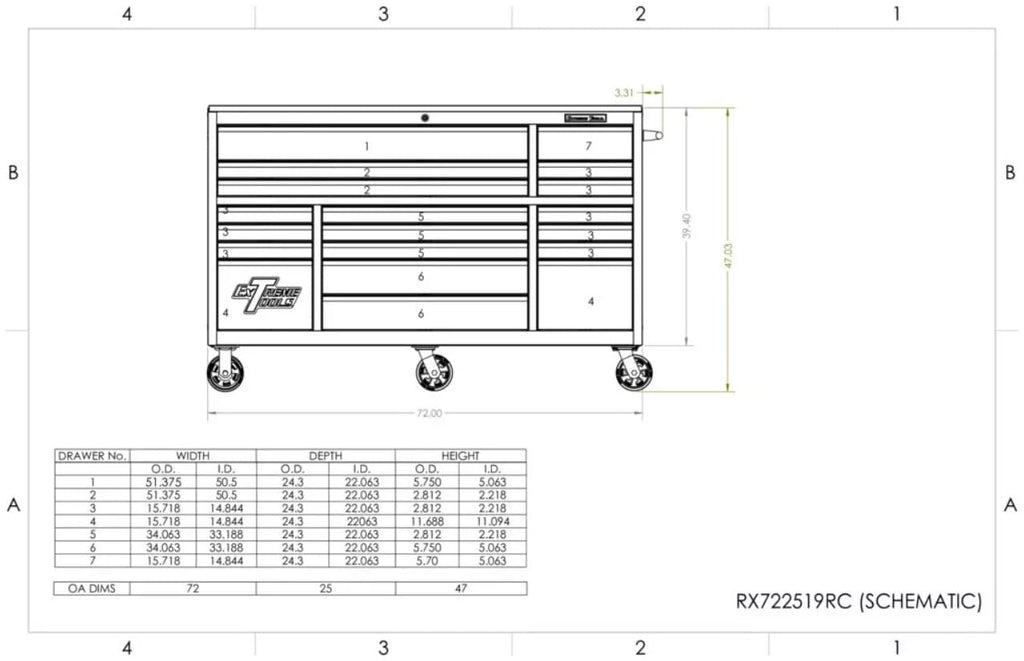 Schematic Drawing Of The Extreme Tools RX722519RC Tool Chest Detailing The Dimensions And Layout Of Its Drawers