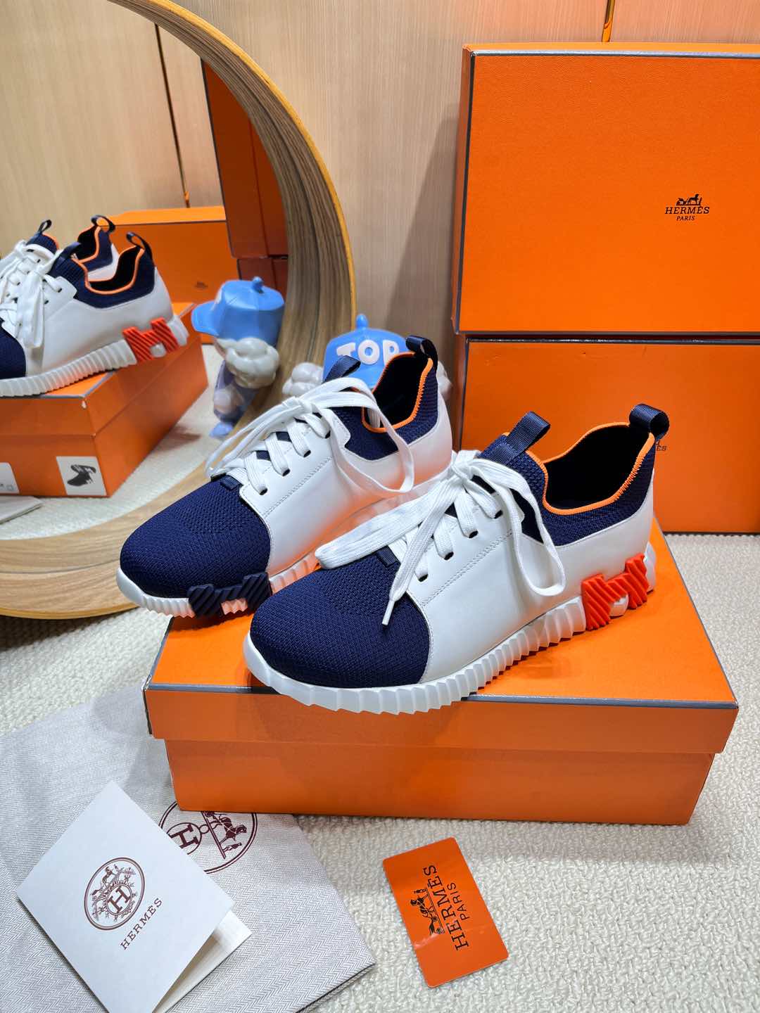 DEPART SLIP-ON SNEAKER IN NAVY BLUE KNIT AND WHITE CALFSKIN、mysite、Cacoeks