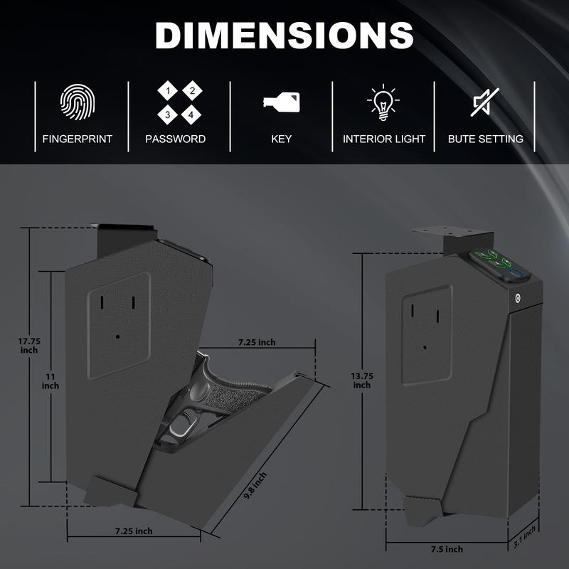 Product Introduction of Biometric Mounted Gun Safe for Nightstand, Desk, Bed Side, Wall,Truck - Auto Open Hidden Handgun Safe-with Fingerprint, 4-button Backlit Keypad, KEY lockbox bedside safe hidden safe 5