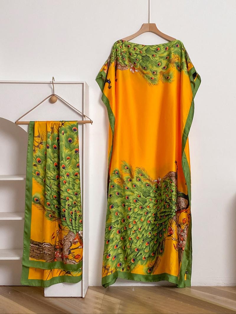 Women's Peacock Print Cape Shawl & Scarf Set, Elegant Beach Cover-Up For Holiday Vacation, Swimwear Coverups