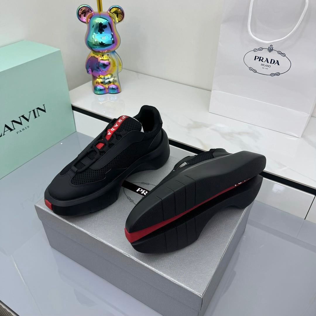 PRADA 25S CROSS LACED SNEAKERS IN BLACK CALFSKIN、mysite、Cacoeks
