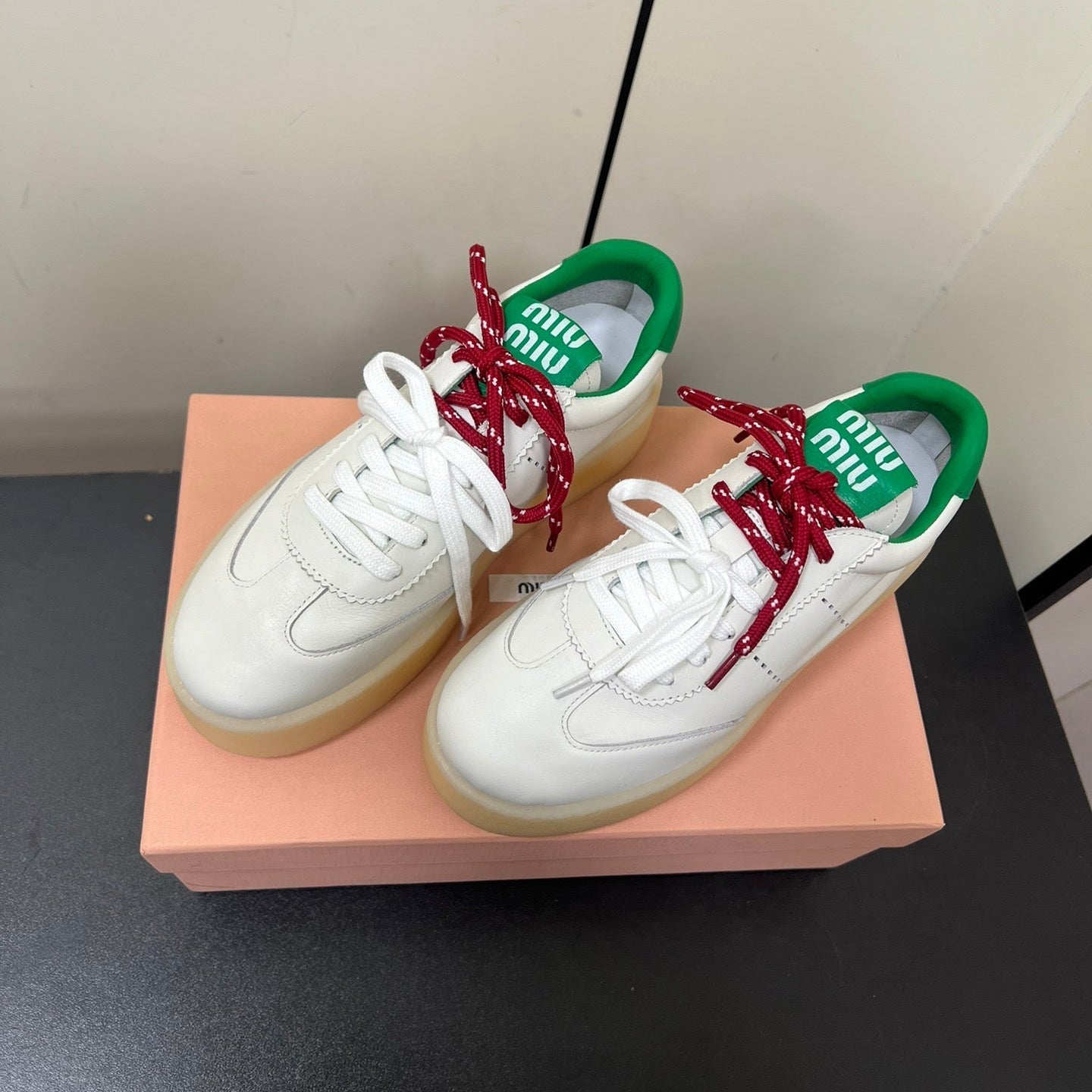 THICK-SOLED RETRO SNEAKERS IN WHITE MIX GREEN SMOOTH LAMBSKIN、mysite、Cacoeks