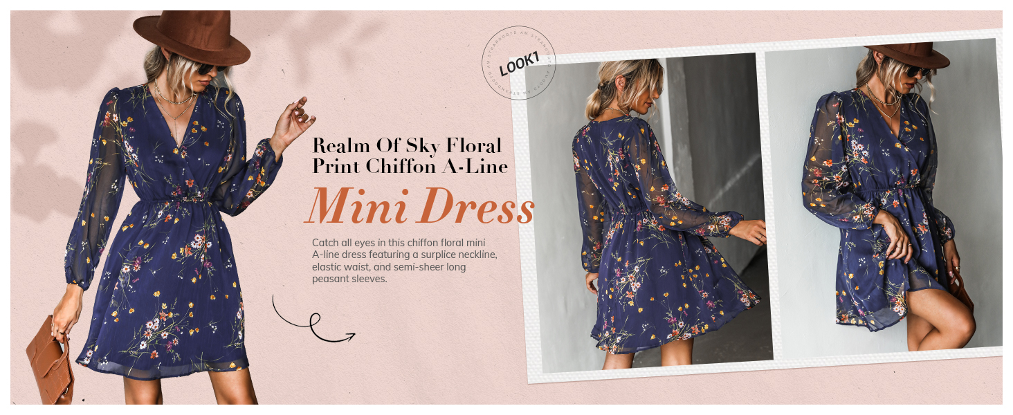 floral mini dress sheer long sleeve chiffon v neck elasticized waist short summer dress