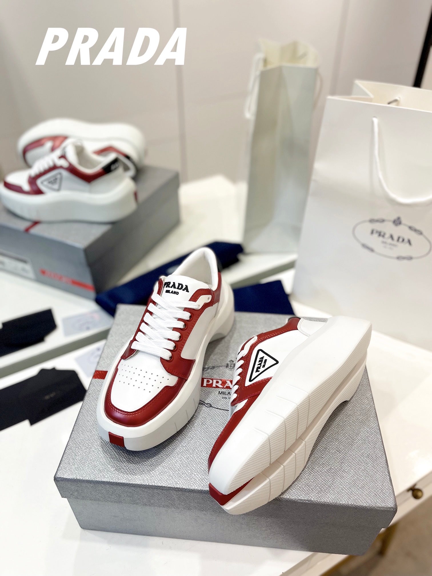PRA DOWNTOWN THICK-SOLE SNEAKERS WHITE AND CHERRY CALFSKIN、mysite、Cacoeks