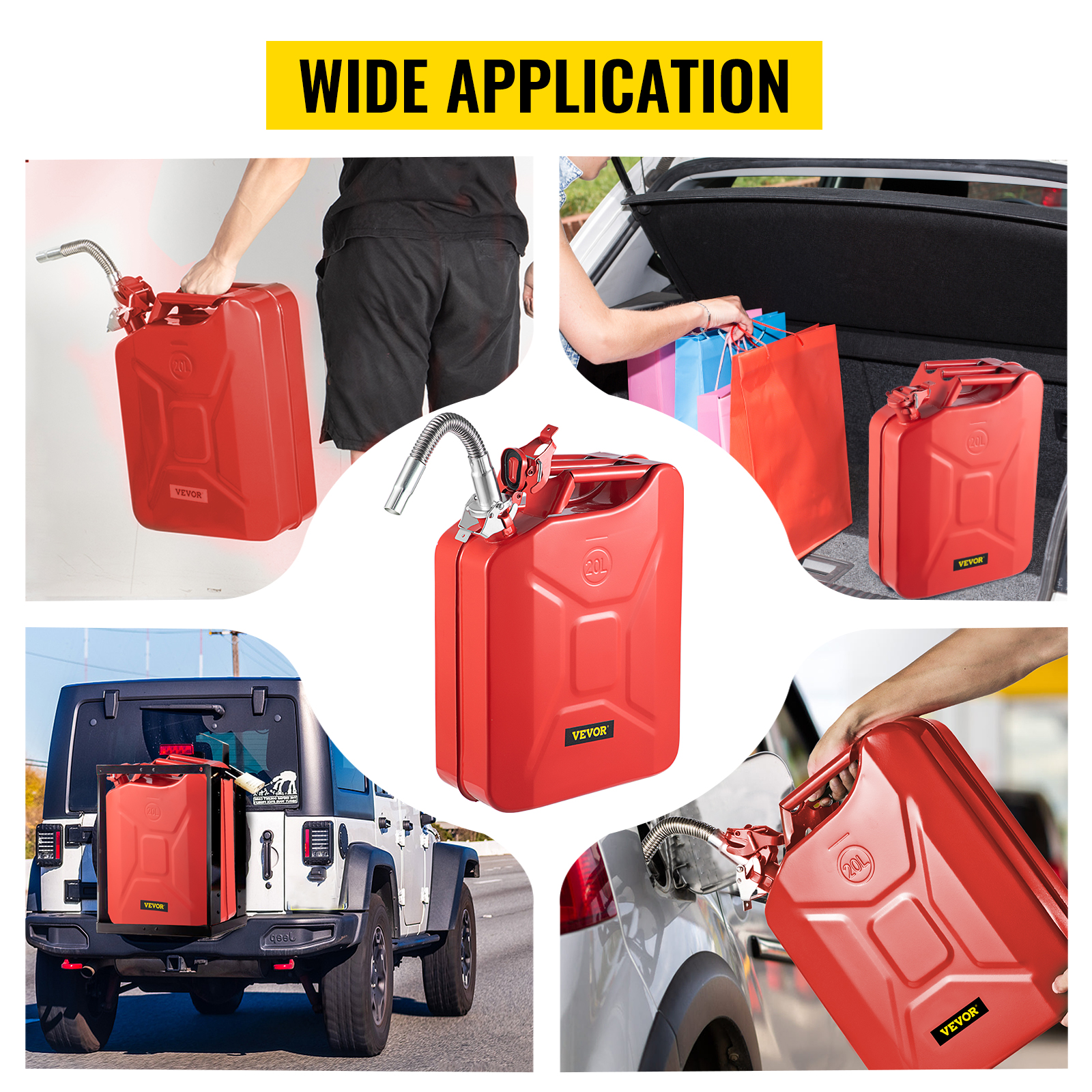 VEVOR jerry can shown being used in various settings including a car trunk, off-road vehicle, and filling gas.