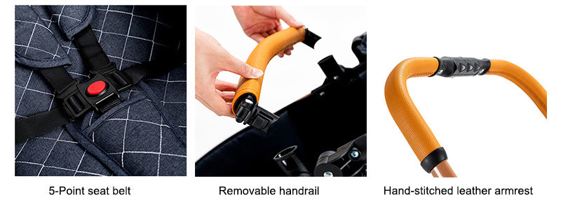 5-Point seat belt, Removable handrail, Hand-stitched leather armrest