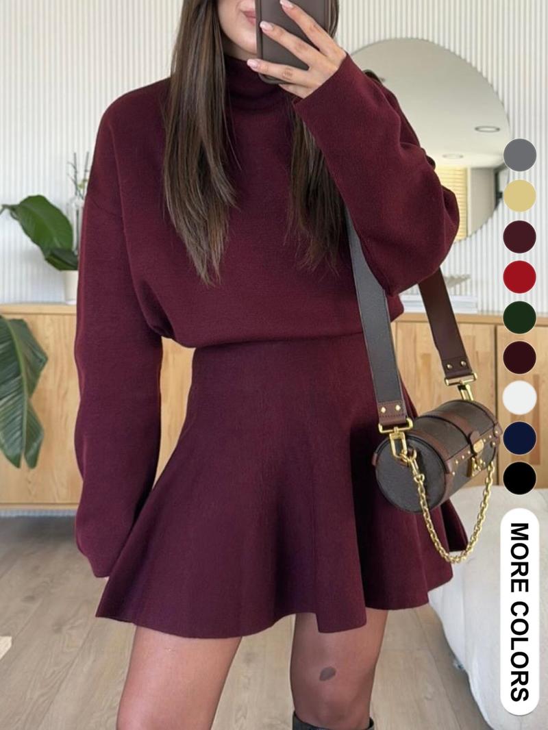 Women's Casual Half-High Neck Long Sleeve Knit Dress, Plain Color Loose-Fitting Sweater Dress, Fall & Winter Fashion