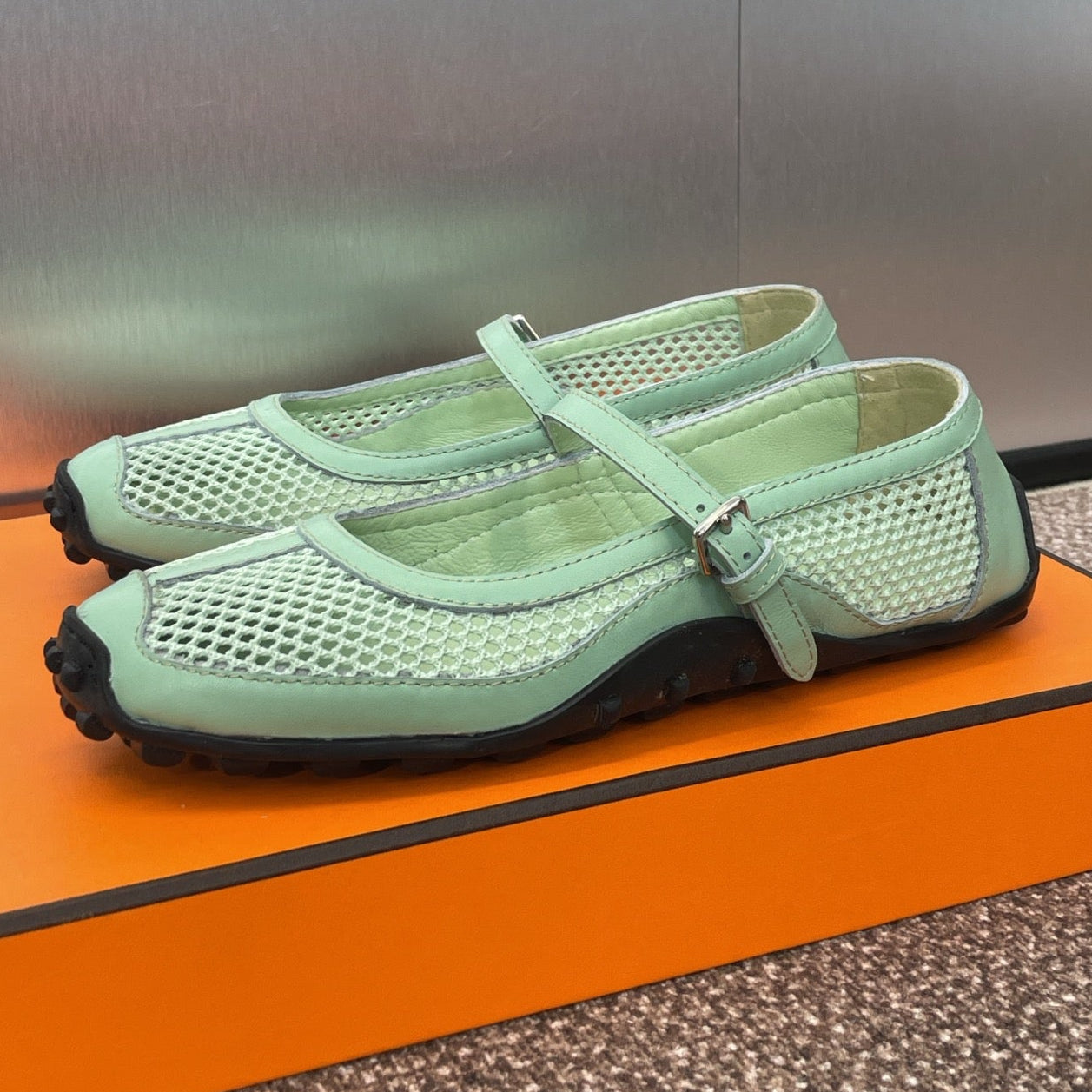 KICHU BALLET FLAT IN GREEN MINT CROCHET KNIT AND CALFSKIN、mysite、Cacoeks