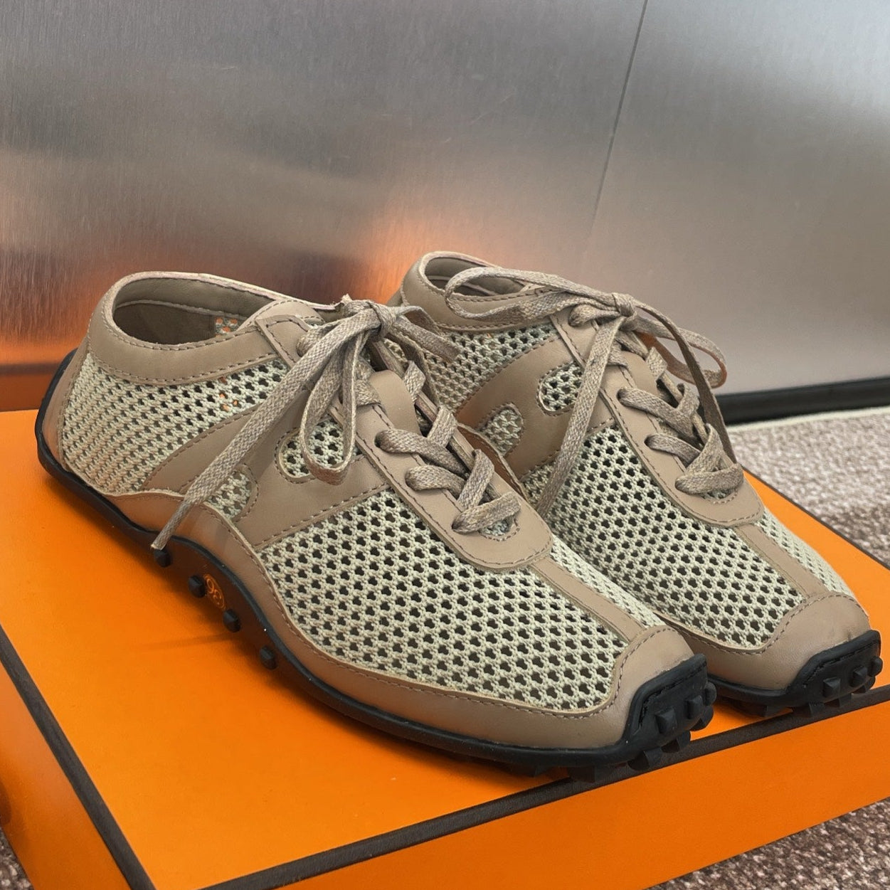 KIGA SNEAKER IN MOCHA BROWN CROCHET KNIT AND CALFSKIN、mysite、Cacoeks