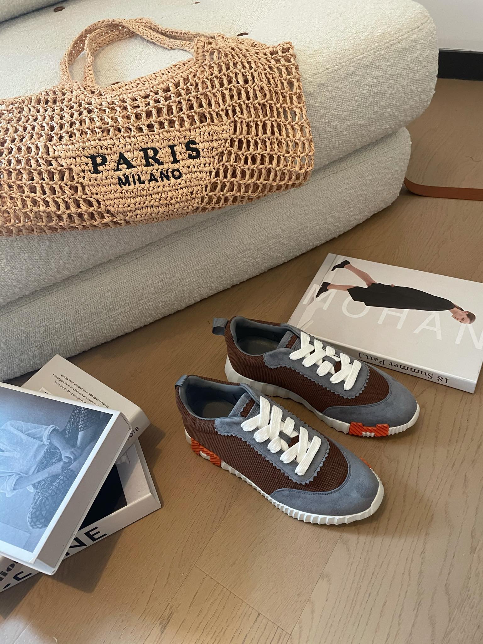 BOUNCING SNEAKERS GRAY MIX BROWN CALFSKIN、mysite、Cacoeks