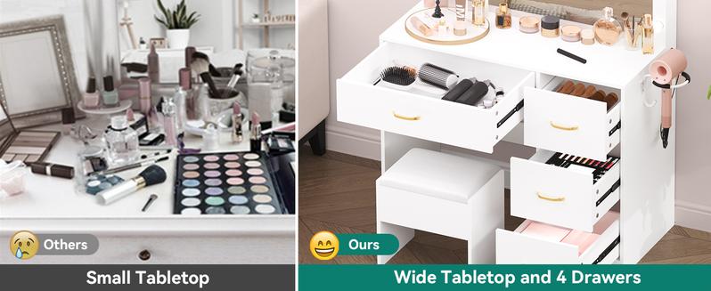 Product Introduction of YITAHOME Makeup Vanity Desk with Large Lighted Mirror with Power Outlet and LED Strip, 3 Color Lighting Modes with Adjustable Brightness, 4 Drawer Vanity Table with Cushioned Stool for Bedroom 5