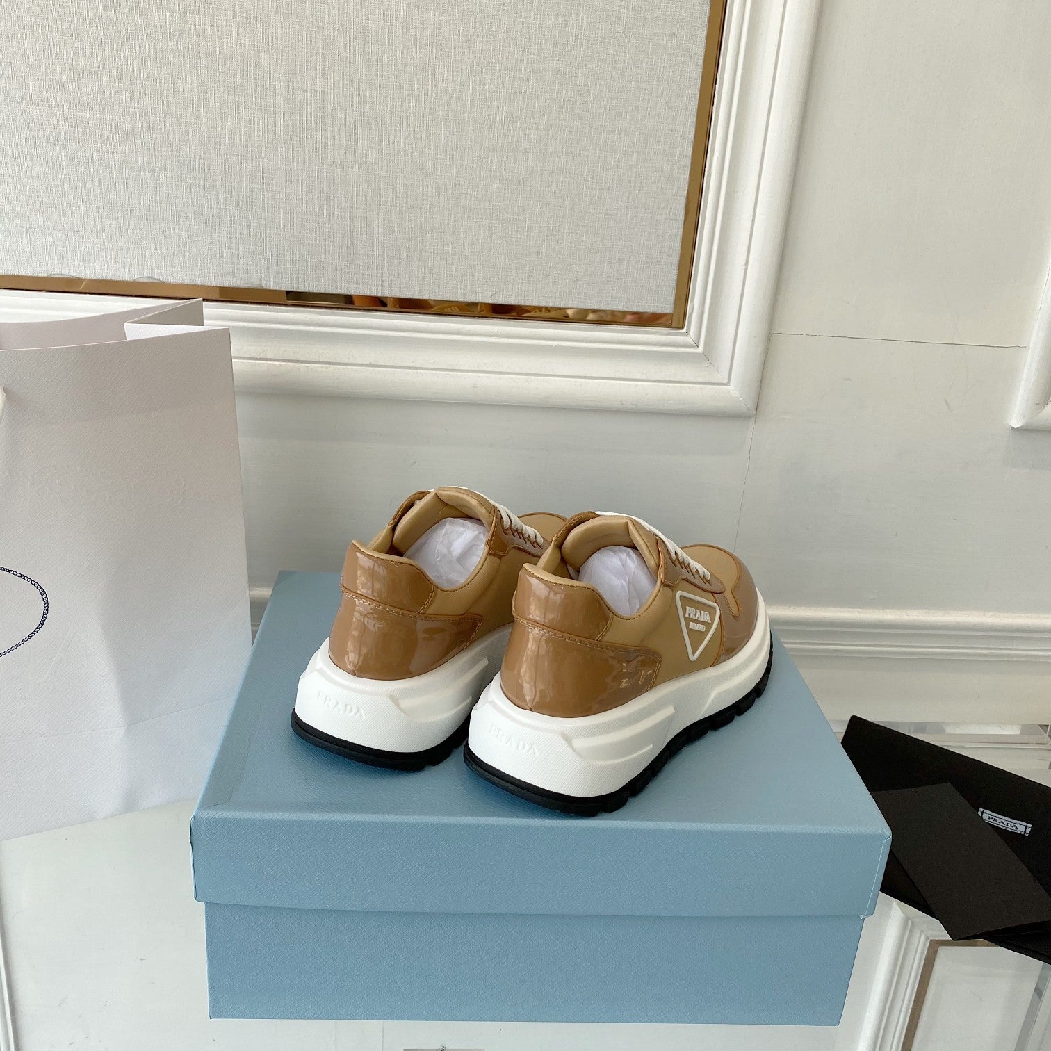 PRADA 25S THICK SOLE SNEAKER IN BROWN CALFSKIN AND CANVAS、mysite、Cacoeks