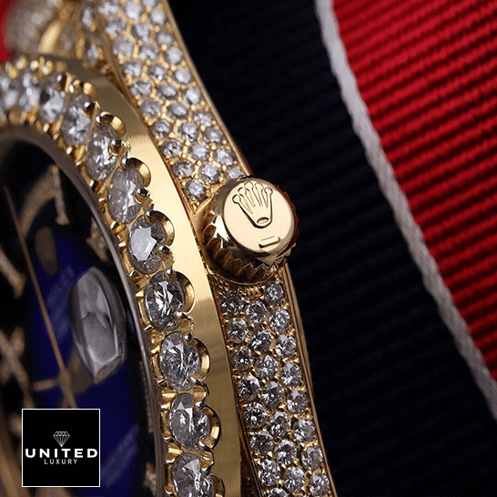 Mens Iced Out Watches Replica 4 Rolex Day-Date 36 18038 Full Diamond Case Replica Gold Crown Pusher