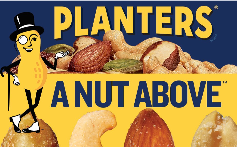 Mr. Peanut on blue and yellow background, mixed nuts and text a nut above