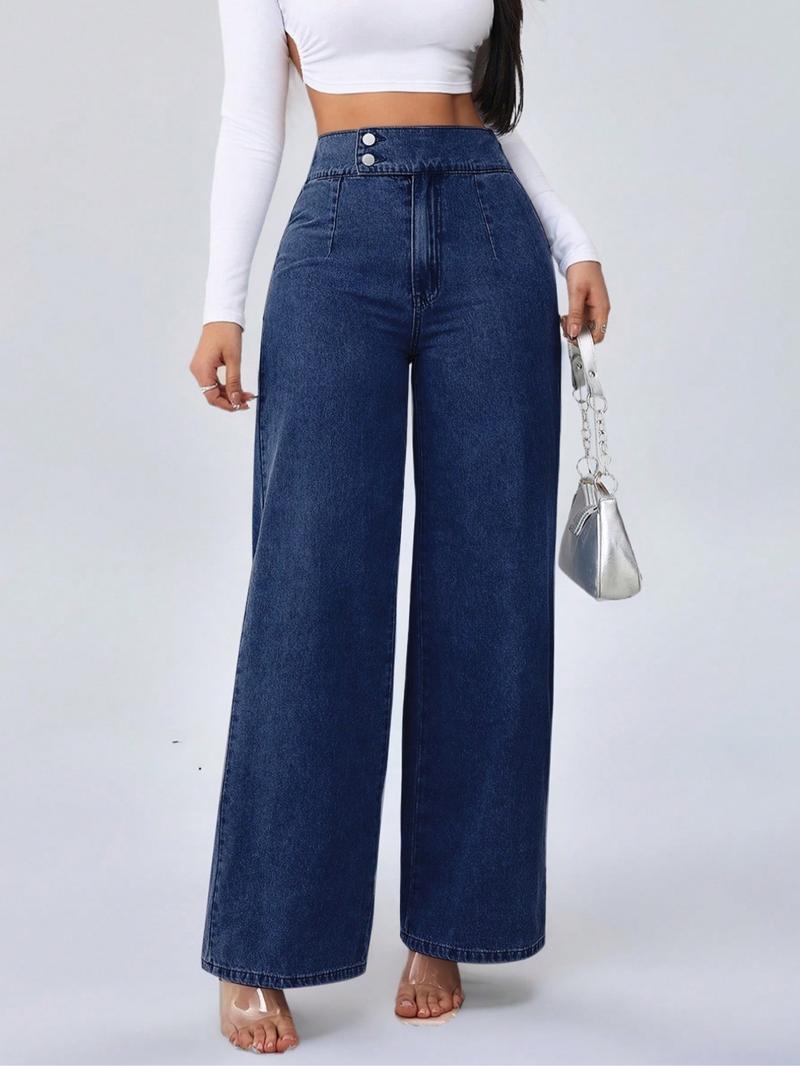 Women's Vintage Elegant High Waist Wide Leg Jeans, Button Front Elastic Waist, Plain Design, Casual Fashion Pants, All Seasons