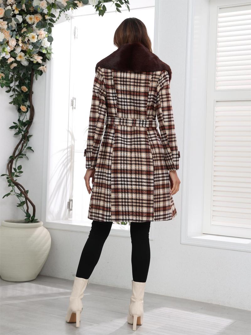 Women's Plaid Print Double Button Belted Woolen Coat, Casual Long Sleeve Collar Outerwear for Fall & Winter, Ladies Clothes for Daily Wear, Casual Fashionable Jacket